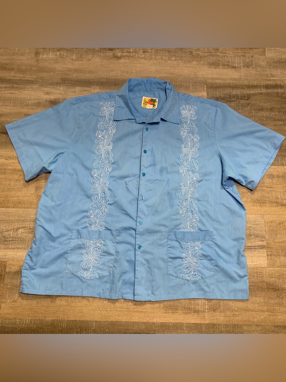 The Genuine Haband Guayabera Blue Embroidered Button Up Cuban Shirt Men's 3X